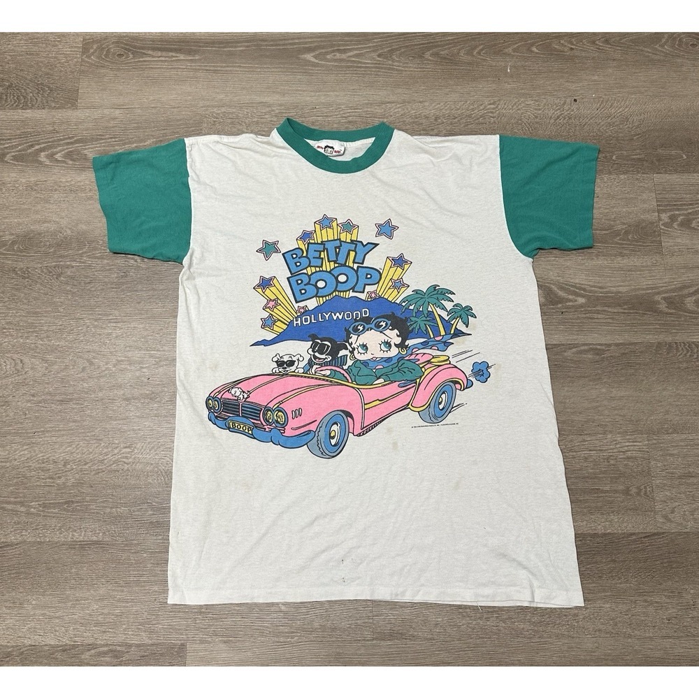Vintage 1994 Betty Boop Hollywood Pink Car White Green T-Shirt Retro Bimbo Sz OS